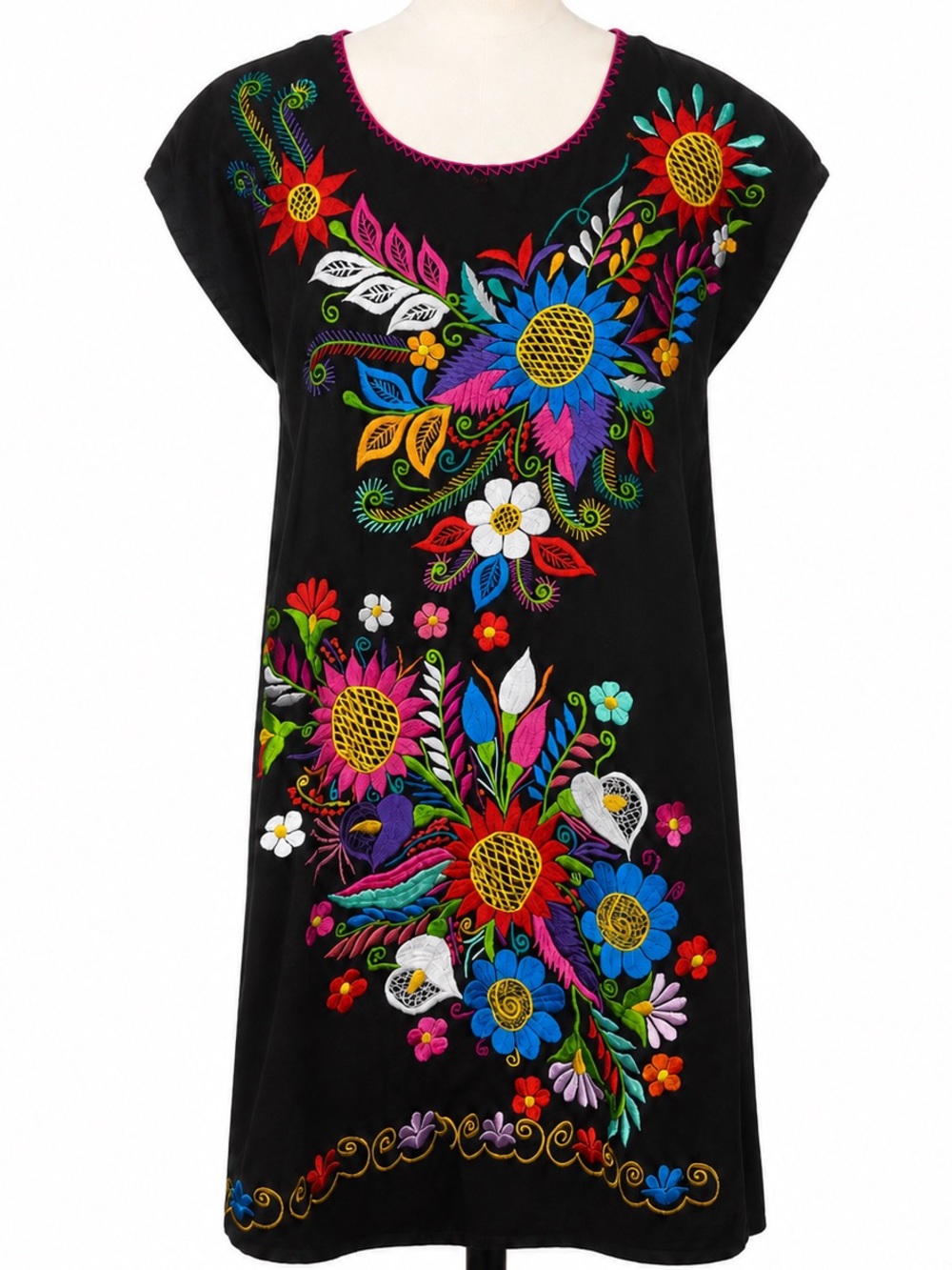 Black Embroidered Floral Midi Dress with Multicolor Motifs